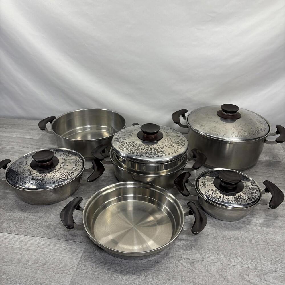 RARE VTG PRESTO PRIDE 11 Pc Set Etched Lids 18/8 Stainless Steel Copper Core MCM
